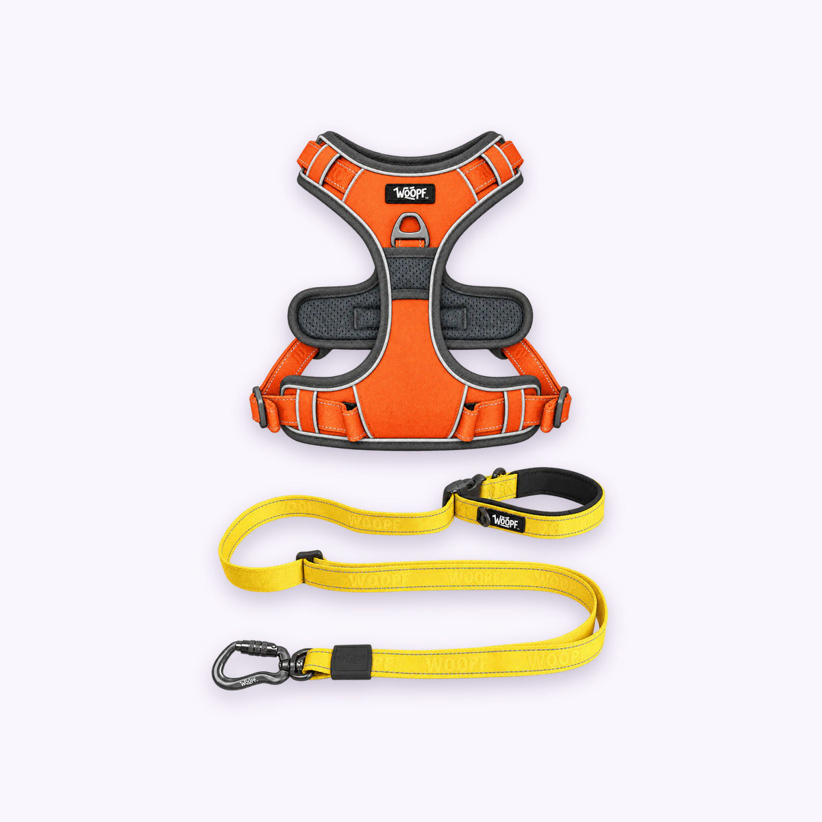 Orange | Training Bundle: The Orange Explorer Harness with the Yellow Explorer Adjustable Leash on a pale lavender background