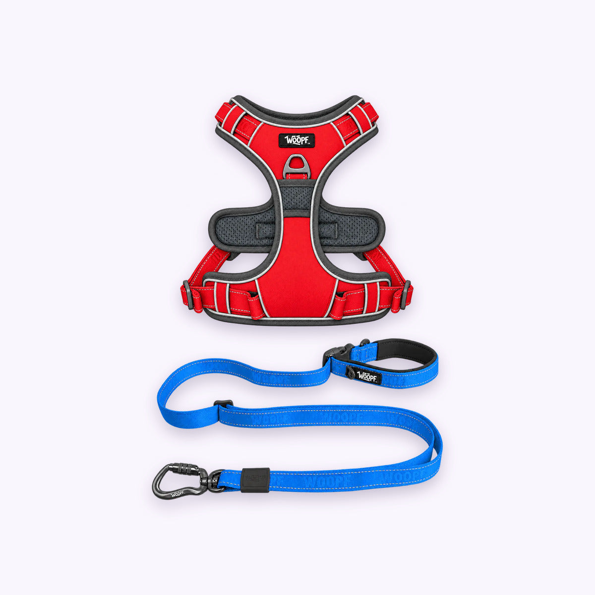 Red | Training Bundle: The Red Explorer Harness with the Blue Explorer Adjustable Leash on a pale lavender background