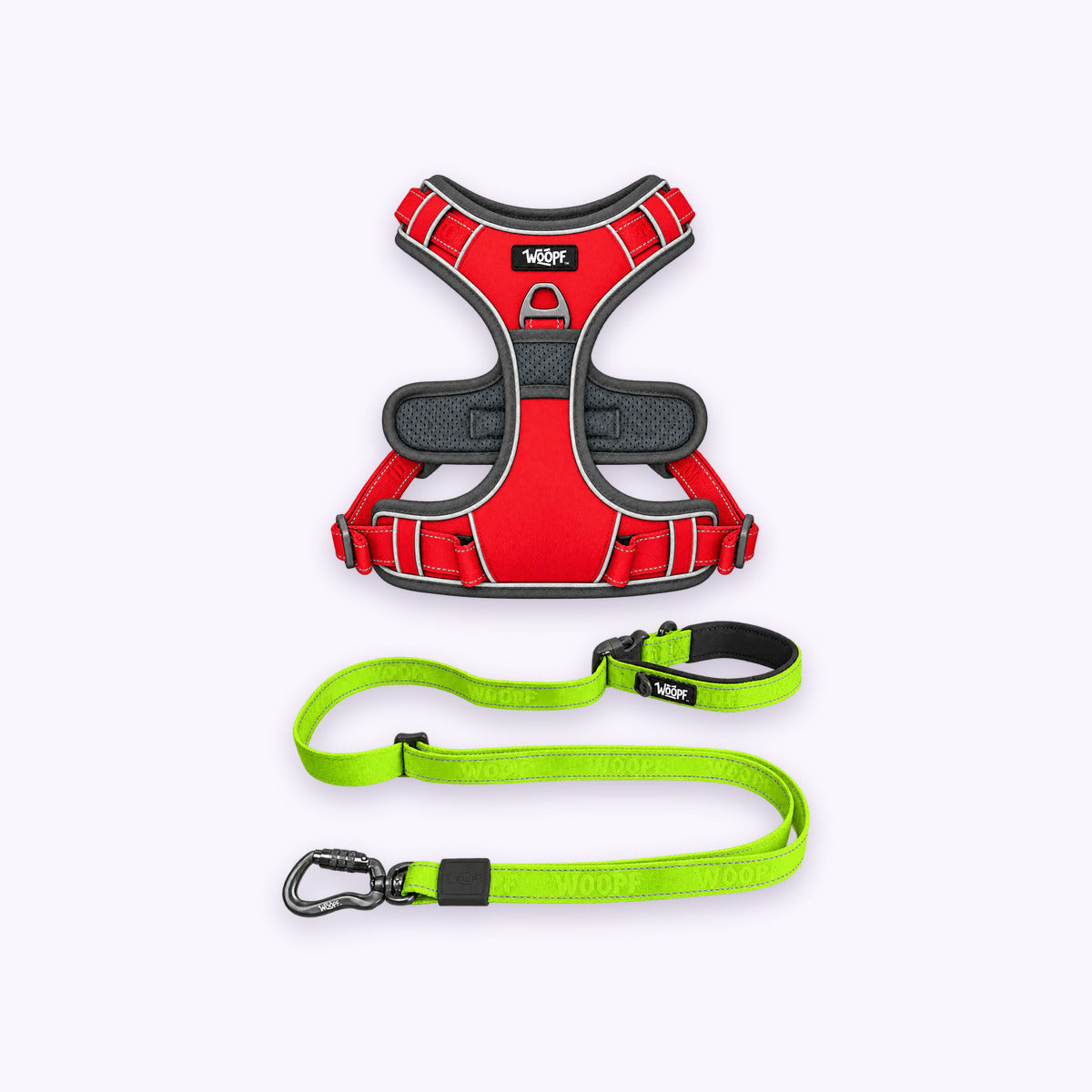 Red | Training Bundle: The Red Explorer Harness with the Green Explorer Adjustable Leash on a pale lavender background