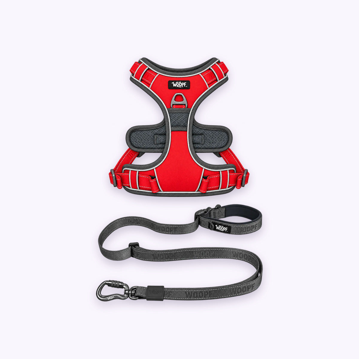 Red | Training Bundle: The Red Explorer Harness with the Grey Explorer Adjustable Leash on a pale lavender background