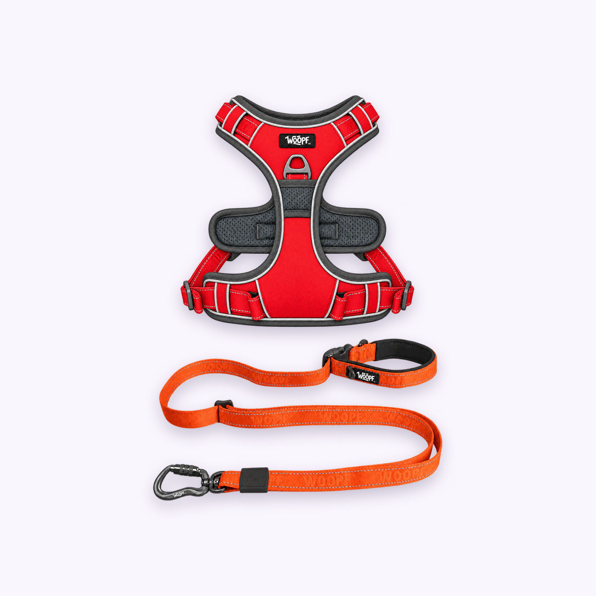 Red | Training Bundle: The Red Explorer Harness with the Orange Explorer Adjustable Leash on a pale lavender background