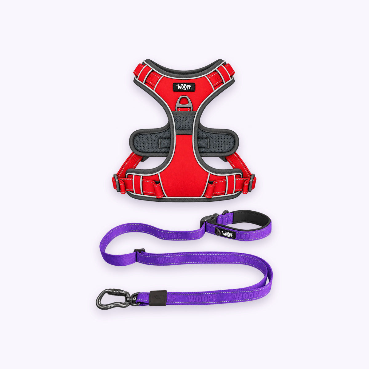Red | Training Bundle: The Red Explorer Harness with the Purple Explorer Adjustable Leash on a pale lavender background