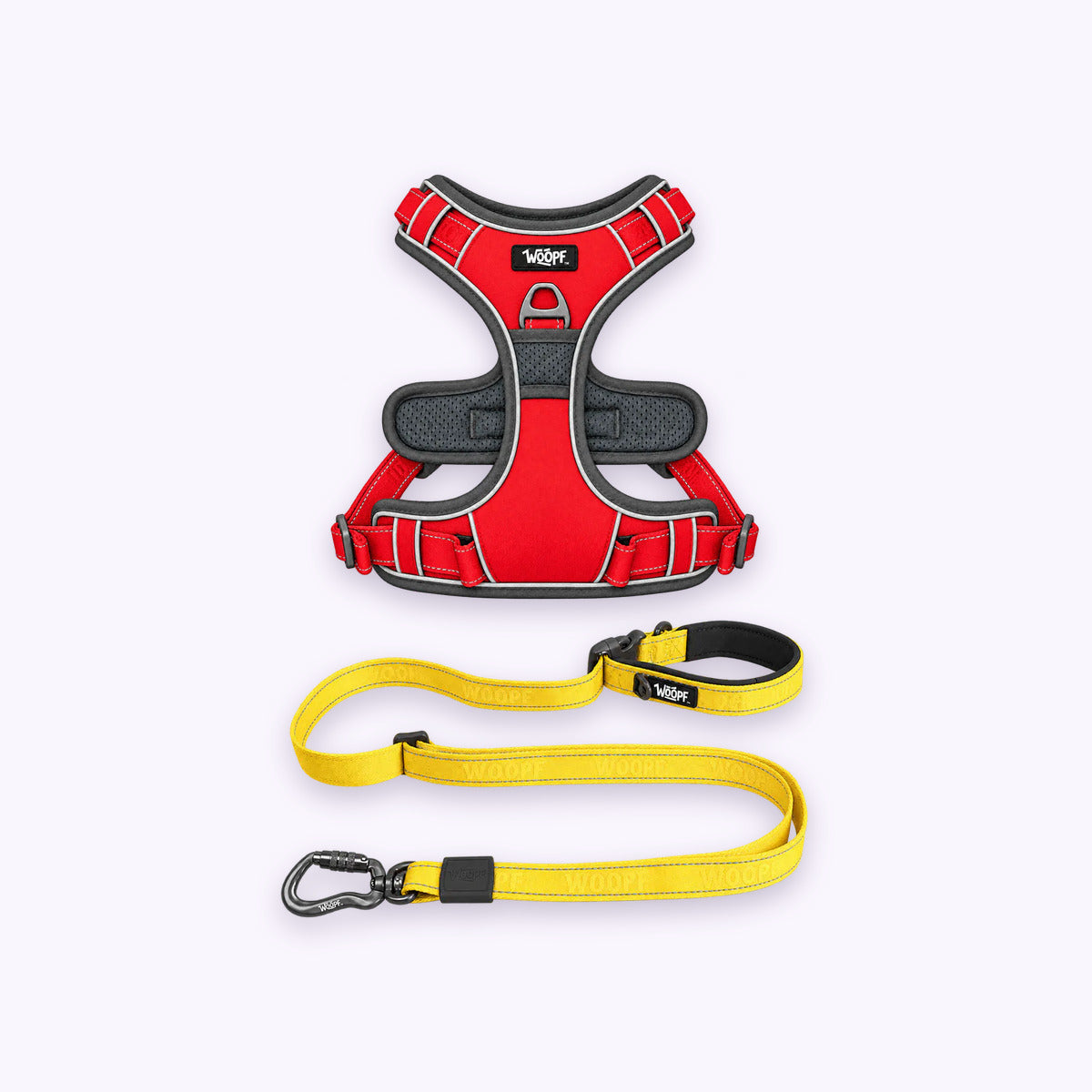 Red | Training Bundle: The Red Explorer Harness with the Yellow Explorer Adjustable Leash on a pale lavender background