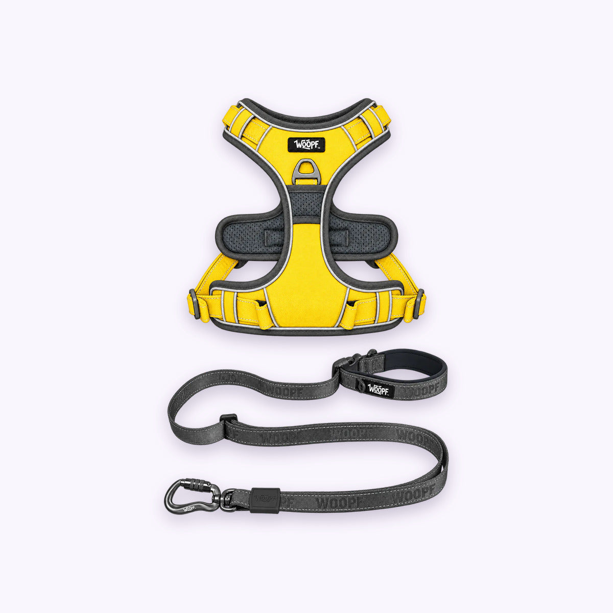 Yellow | Training Bundle: The Yellow Explorer Harness with the Grey Explorer Adjustable Leash on a pale lavender background