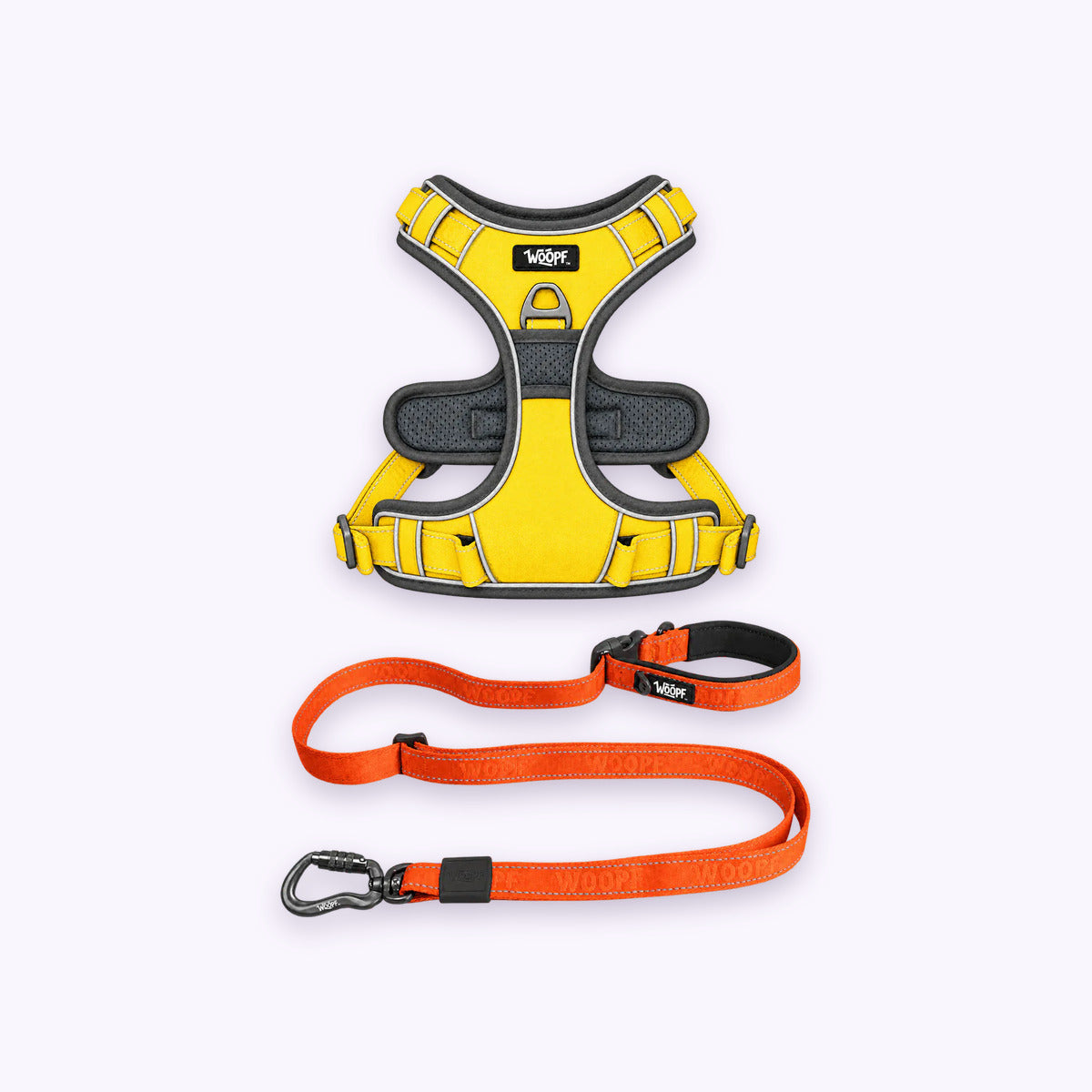 Yellow | Training Bundle: The Yellow Explorer Harness with the Orange Explorer Adjustable Leash on a pale lavender background