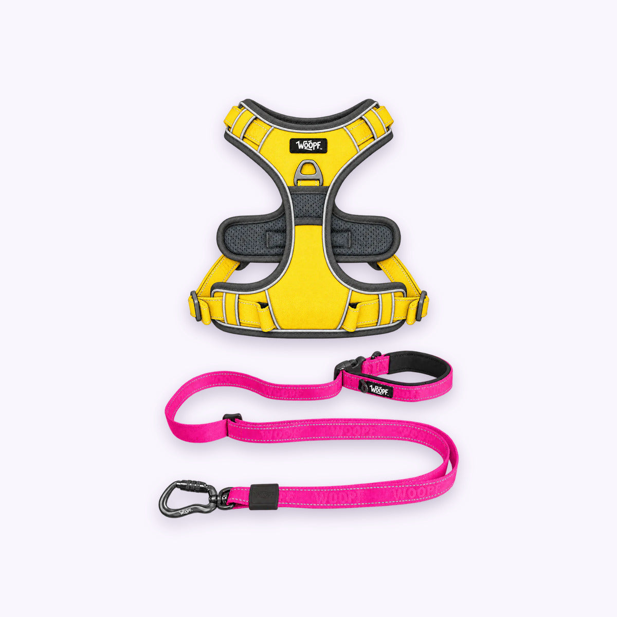 Yellow | Training Bundle: The Yellow Explorer Harness with the Pink Explorer Adjustable Leash on a pale lavender background