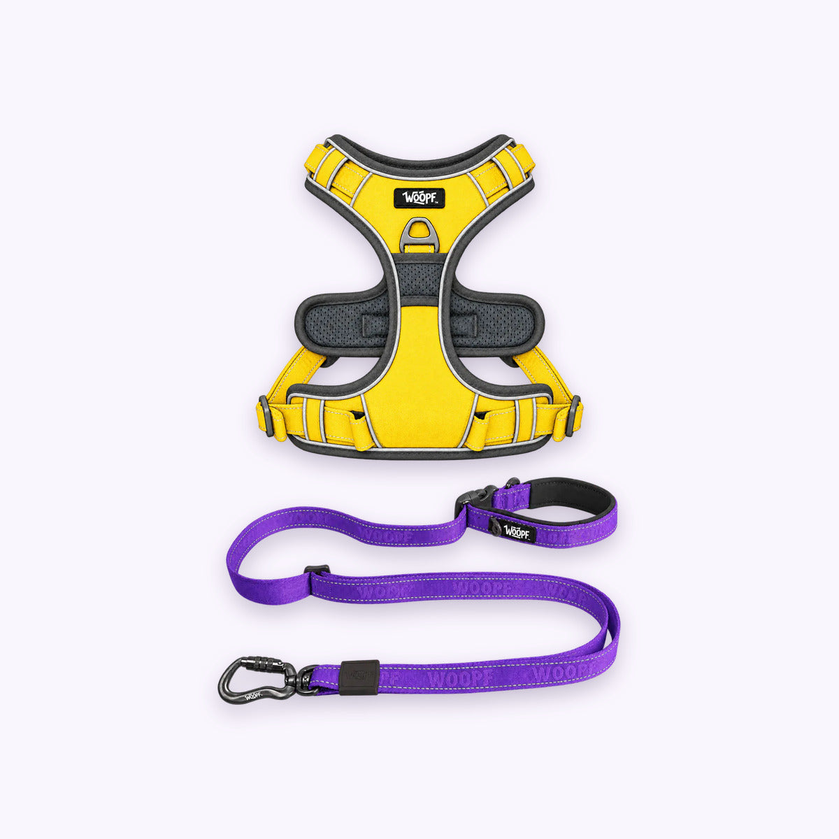 Yellow | Training Bundle: The Yellow Explorer Harness with the Purple Explorer Adjustable Leash on a pale lavender background
