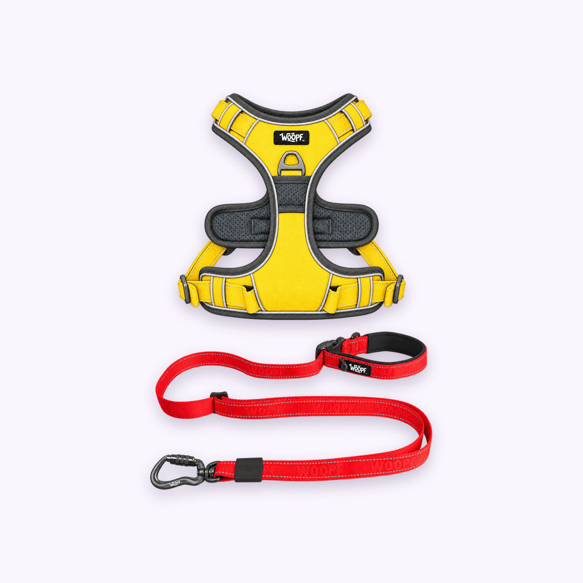 Yellow | Training Bundle: The Yellow Explorer Harness with the Red Explorer Adjustable Leash on a pale lavender background