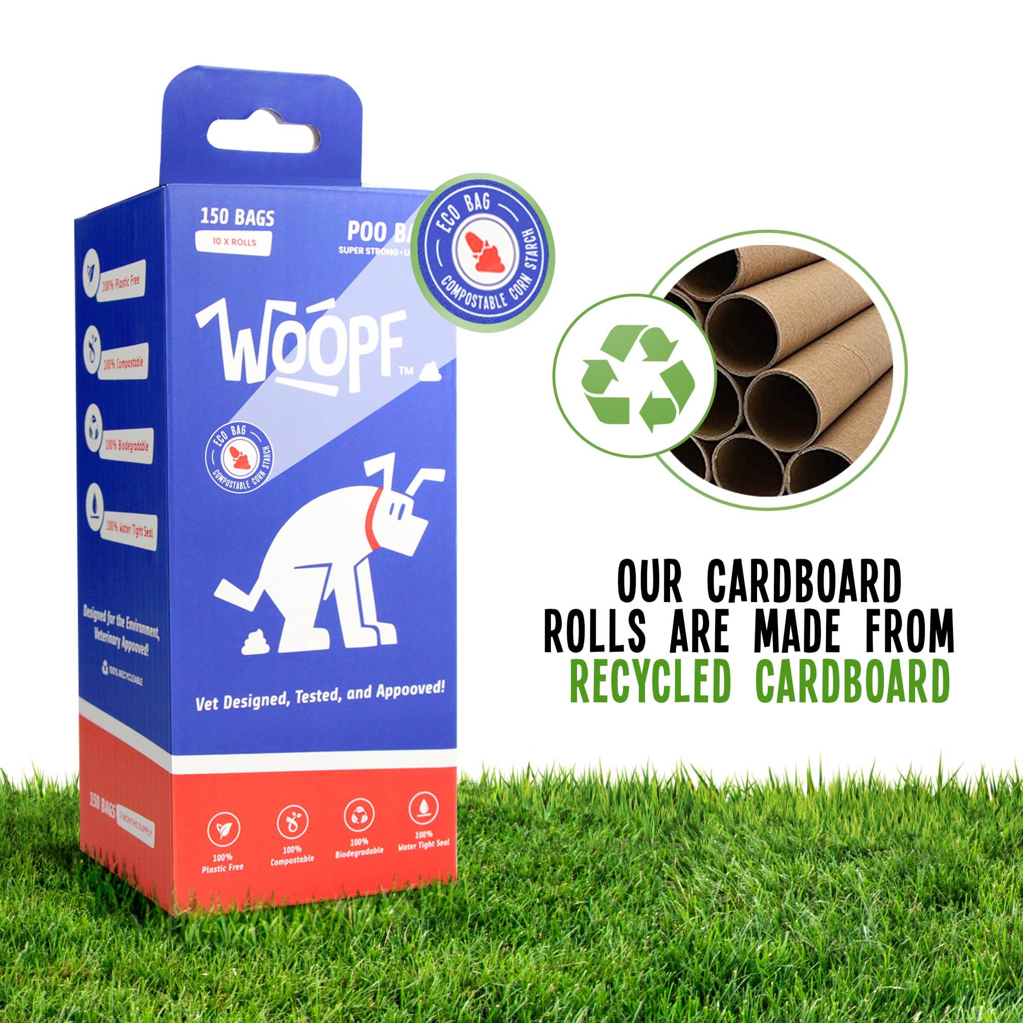 WOOPF 100% COMPOSTABLE (10 rolls x 15 Dog Poo Bags) | Vet Designed, Tested, and Approved | 23cm x 33cm (150 Count)