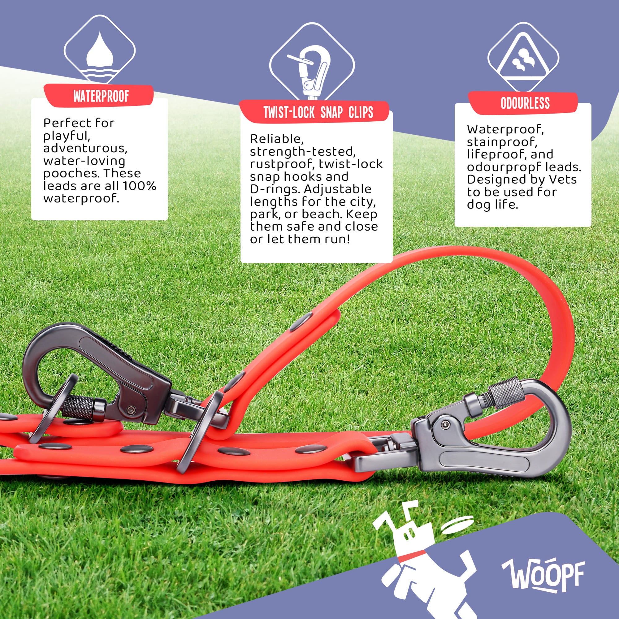WOOPF Waterproof, All Weather, Strong and Easy to Clean Dog Lead | Small, Medium, and Large Dogs (Coral)