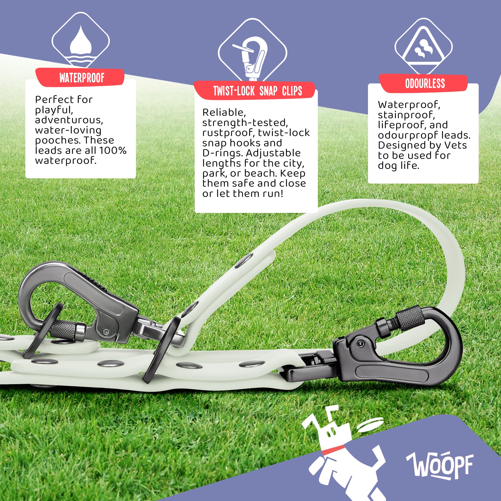 WOOPF Waterproof, All Weather, Strong and Easy to Clean Dog Lead | Small, Medium, and Large Dogs (Glow in the Dark)