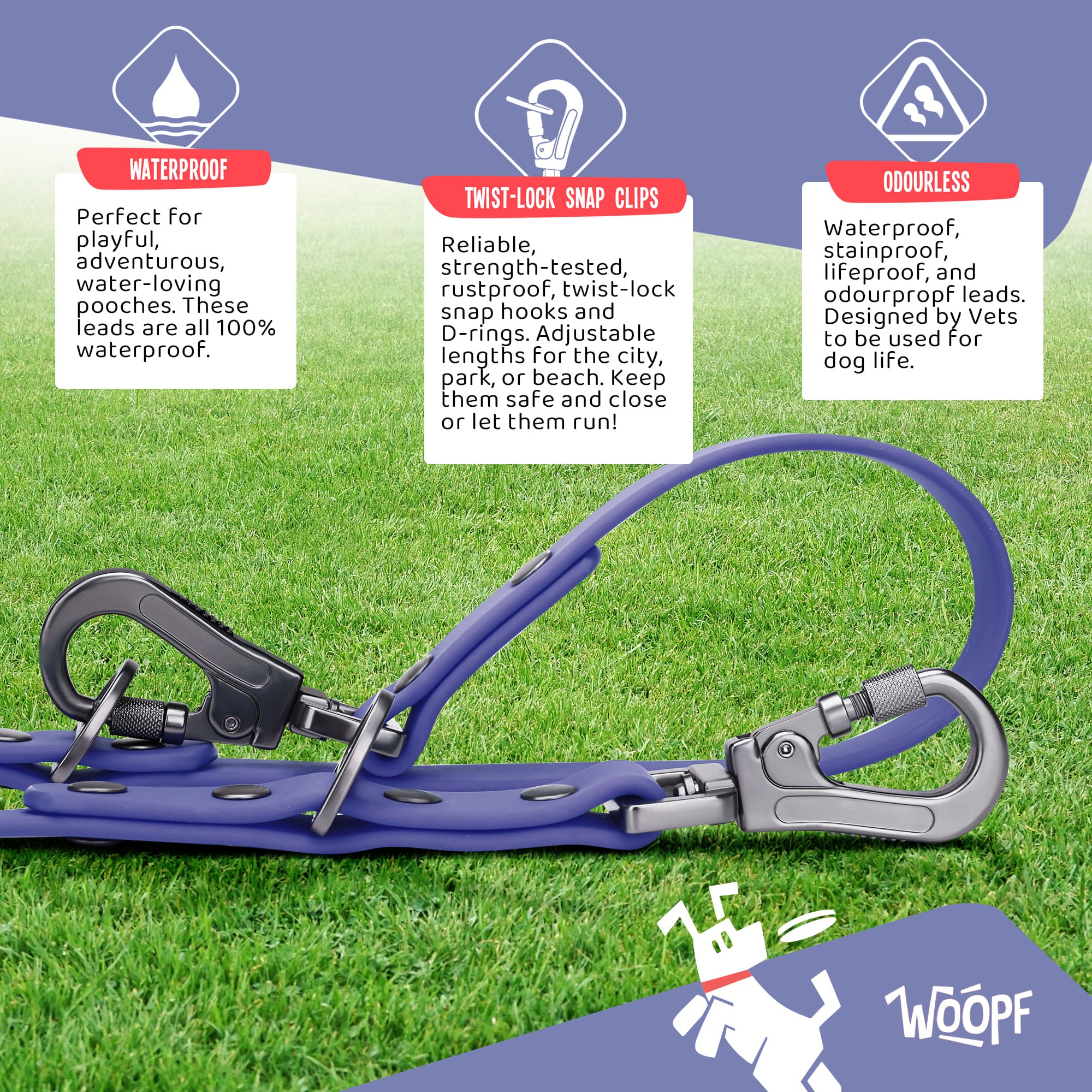 WOOPF Waterproof, All Weather, Strong and Easy to Clean Dog Lead | Small, Medium, and Large Dogs (Purple)