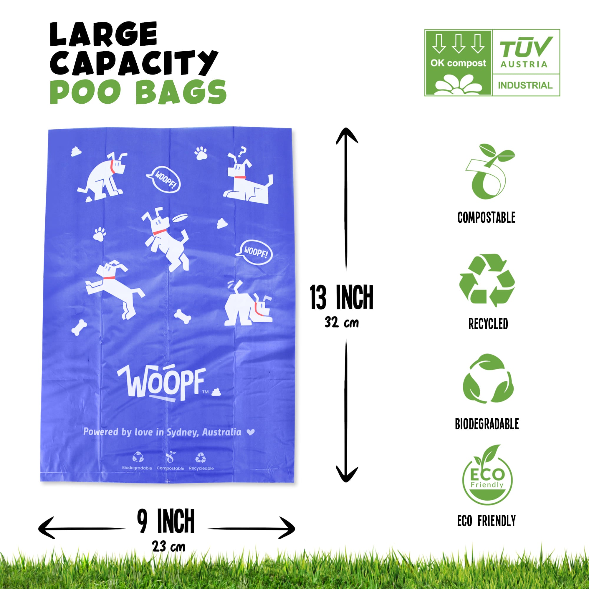 WOOPF 100% COMPOSTABLE (10 rolls x 15 Dog Poo Bags) | Vet Designed, Tested, and Approved | 23cm x 33cm (150 Count)