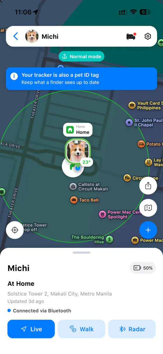 ASK A VET app live tracker map showing the dog inside the home safe zone