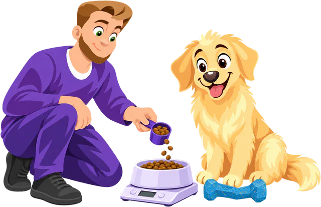 A man in a purple jumper pours a scoop of kibble into a bowl on kitchen scales while a golden retriever puppy sits by a Blue Blocky Bone.