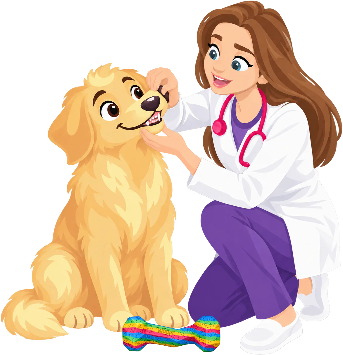 A vet in a white coat checks a golden retriever puppy's teeth, a Rainbow Blocky Bone at its paws.