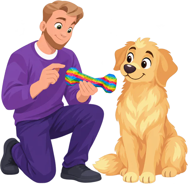 A man in a purple jumper kneels and checks a Rainbow Blocky Bone while a golden retriever puppy watches.
