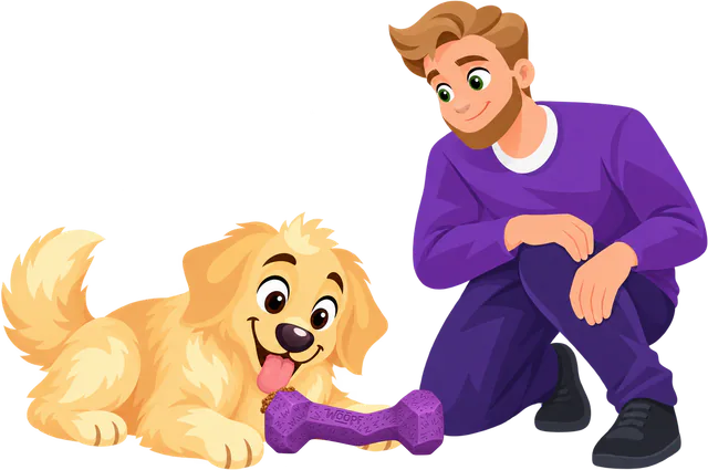 A golden retriever puppy licks food from the end of a purple Blocky Bone while a man in a purple jumper crouches and watches.