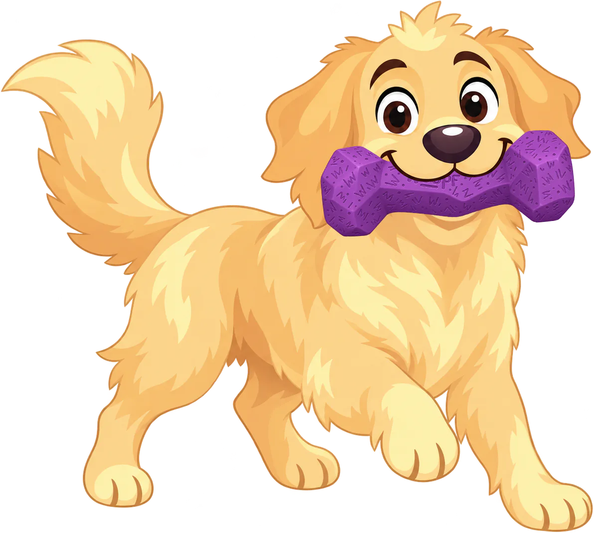 A golden retriever puppy trots along with a purple Chewster Blocky Bone in its mouth.