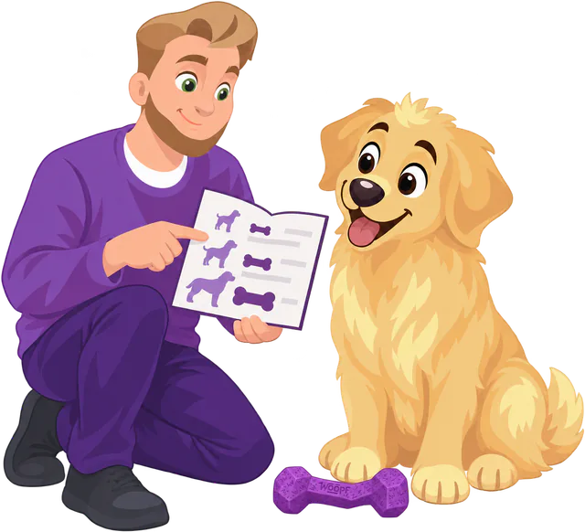 A man in a purple jumper shows a golden retriever puppy a size chart of three dogs and three bones, a purple Blocky Bone at its paws.