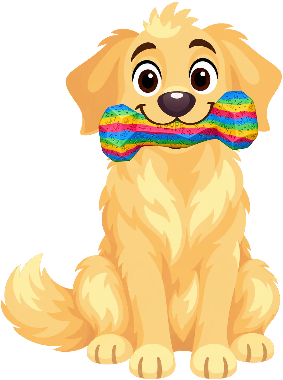 A golden retriever puppy sits up holding a Rainbow Chewster Blocky Bone in its mouth.