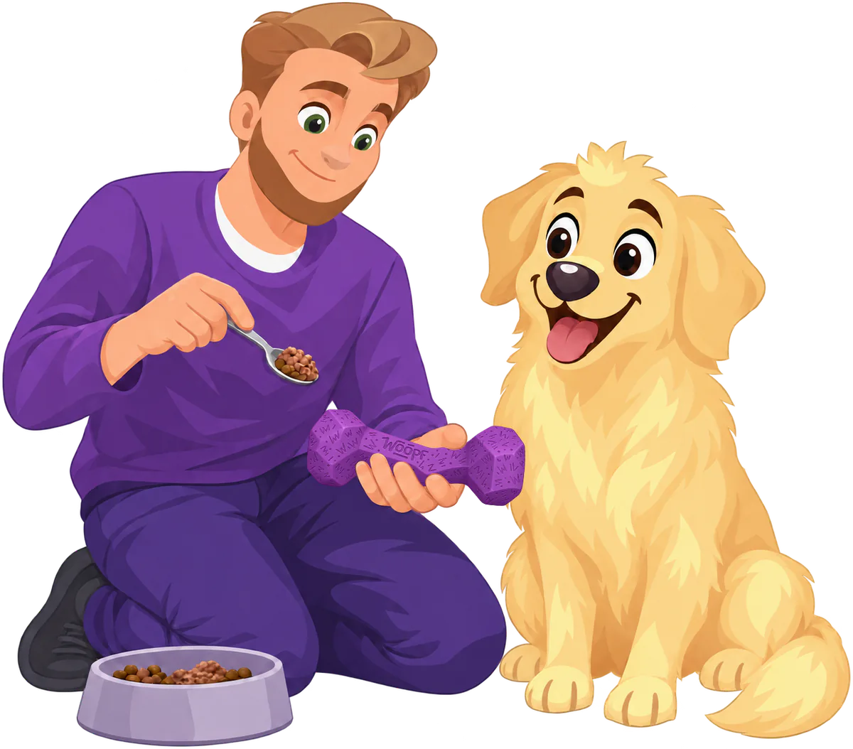 A man in a purple jumper kneels beside a golden retriever puppy, spooning food into the end of a purple Blocky Bone.