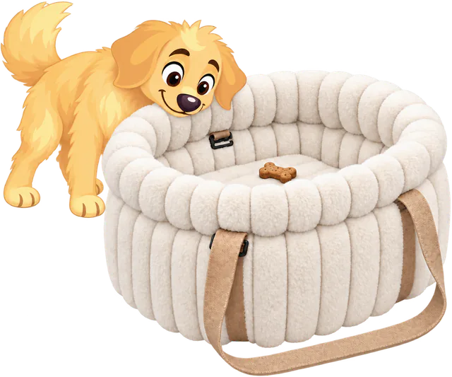 Illustrated golden retriever puppy peering over the rim of a white WOOPF™ Corduroy Calming Dog Carrier at a treat on its base pad