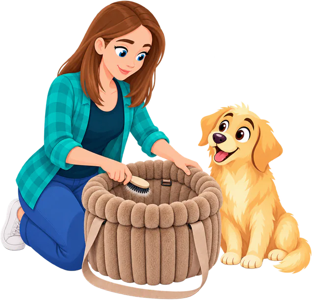 Illustrated woman brushing the fur lining of a brown WOOPF™ Corduroy Calming Dog Carrier, a golden retriever puppy sitting beside her