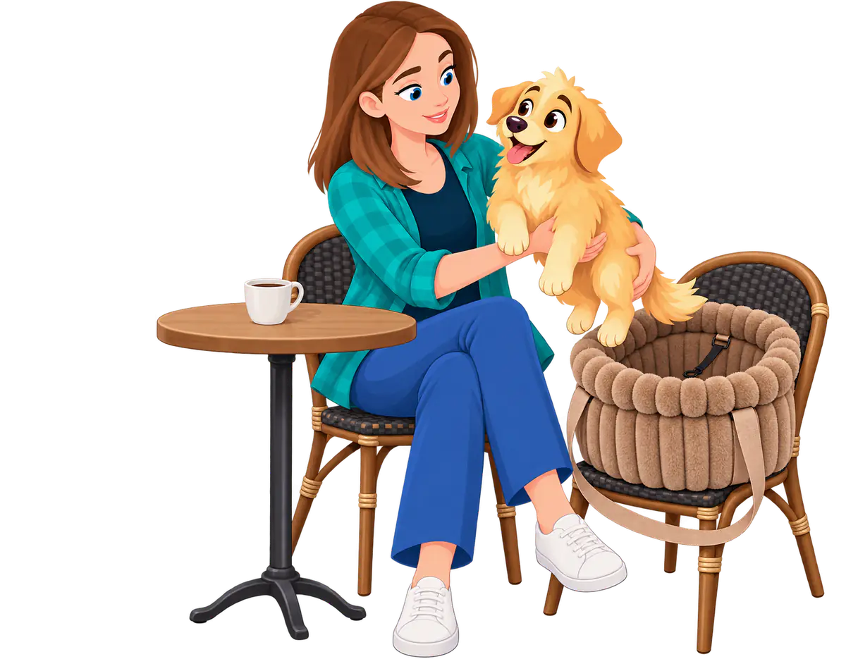Illustrated woman at a café table lifting a golden retriever puppy out of a brown WOOPF™ Corduroy Calming Dog Carrier on the chair beside her
