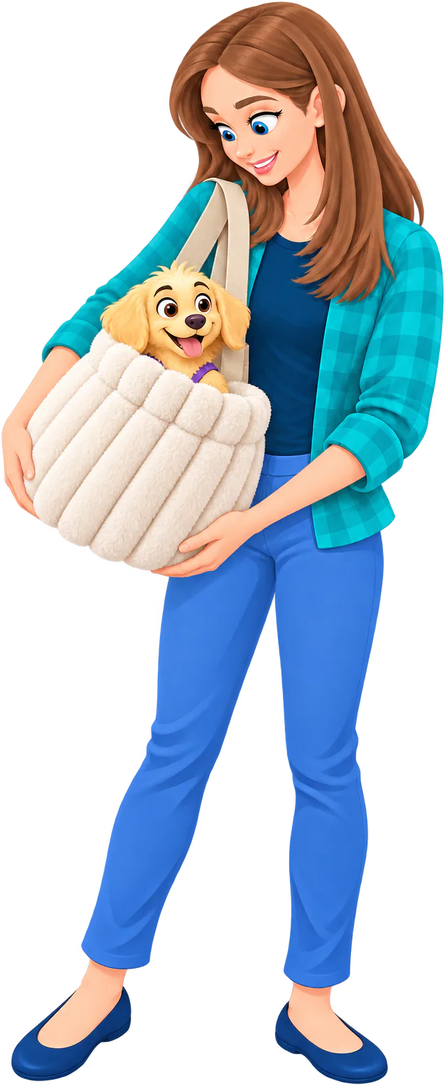 Illustrated woman carrying a white WOOPF™ Corduroy Calming Dog Carrier at her side, a puppy looking out over the rim