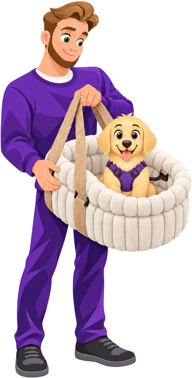 Illustrated man lifting a white WOOPF™ Corduroy Calming Dog Carrier by its handles, a golden retriever puppy in a purple harness inside