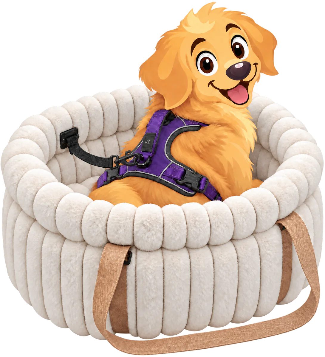 Illustrated golden retriever puppy in a purple harness clipped to the short tether inside a white WOOPF™ Corduroy Calming Dog Carrier