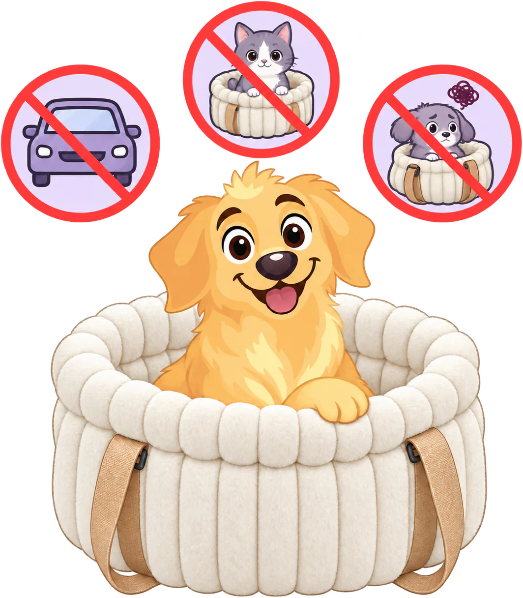 Illustrated golden retriever puppy in a white WOOPF™ Corduroy Calming Dog Carrier below three crossed-out signs: a car, a cat in the bag and a worried dog in the bag