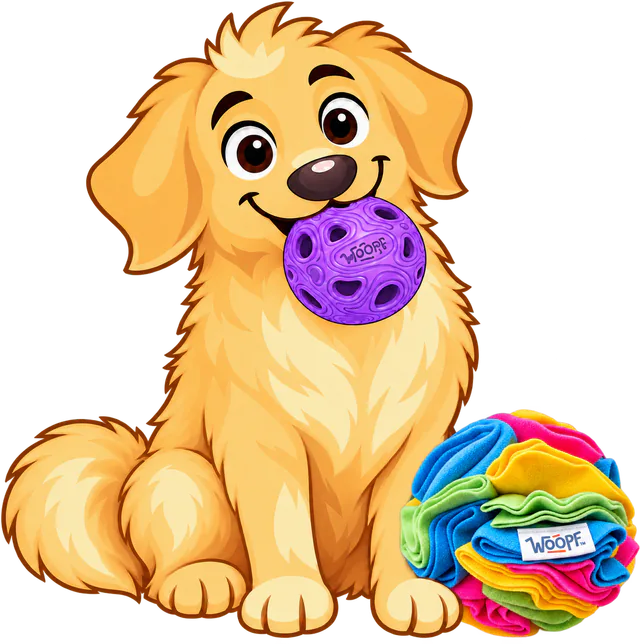 Illustrated golden retriever puppy sitting with a purple MeteorBite Ball in its mouth, a Snuffle Ball With Crackles beside it