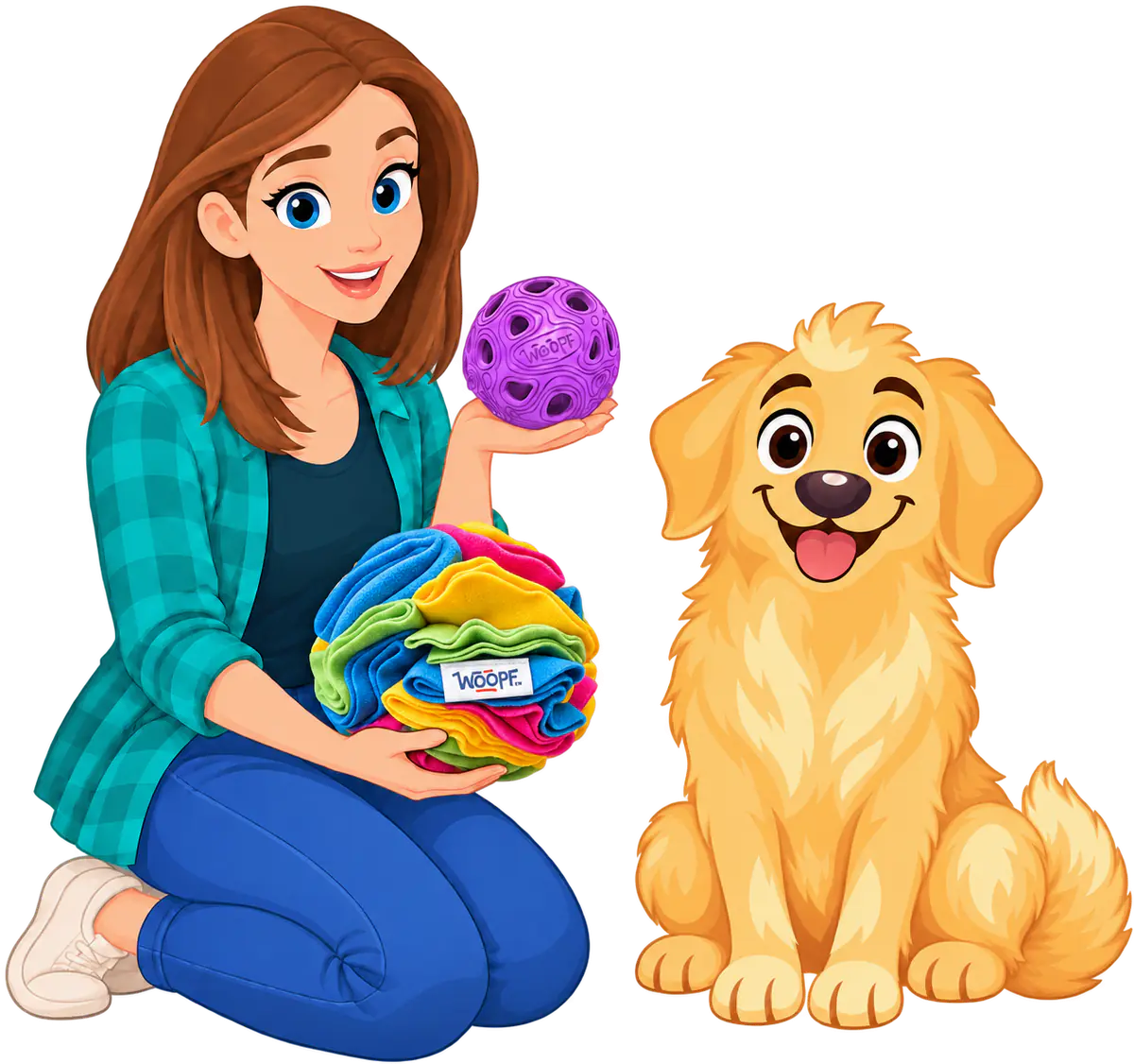 Illustrated woman kneeling with a purple MeteorBite Ball in one hand and a Snuffle Ball With Crackles in the other, a golden retriever sitting beside her