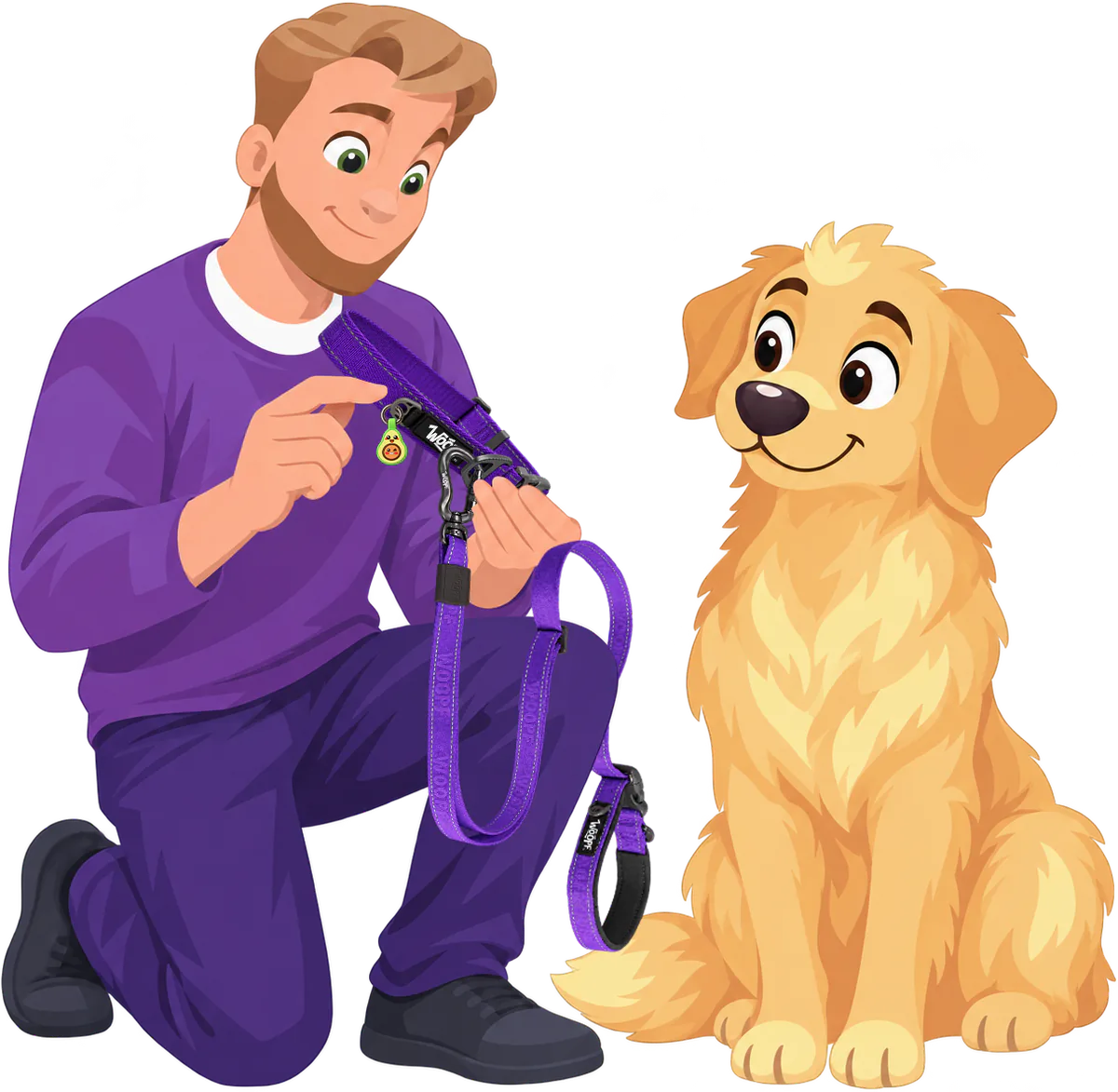Illustrated man kneeling beside a golden retriever, holding a purple Explorer Collar and the clip of a purple Explorer Adjustable Leash, an avocado-shaped tag hanging from the collar's tag ring