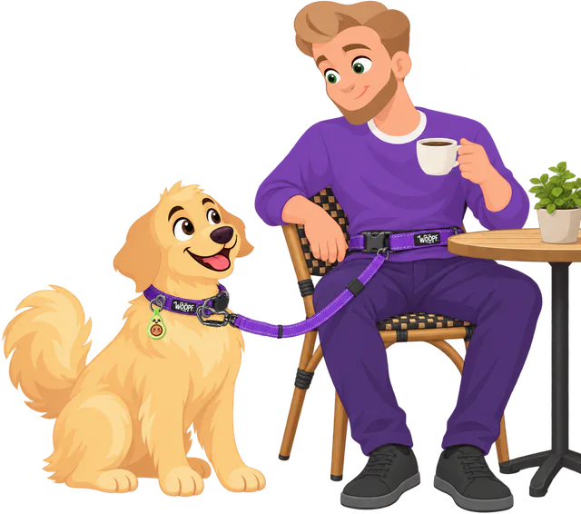 Illustrated man sitting at a cafe table with a coffee, the purple Explorer Adjustable Leash buckled round his waist and clipped to the purple Explorer Collar of a golden retriever sitting beside him
