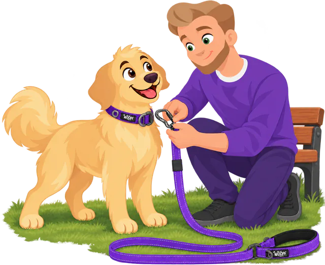 Illustrated man kneeling on the grass by a park bench, clipping the locking clip of a purple Explorer Adjustable Leash to a golden retriever's purple Explorer Collar, the padded handle on the grass