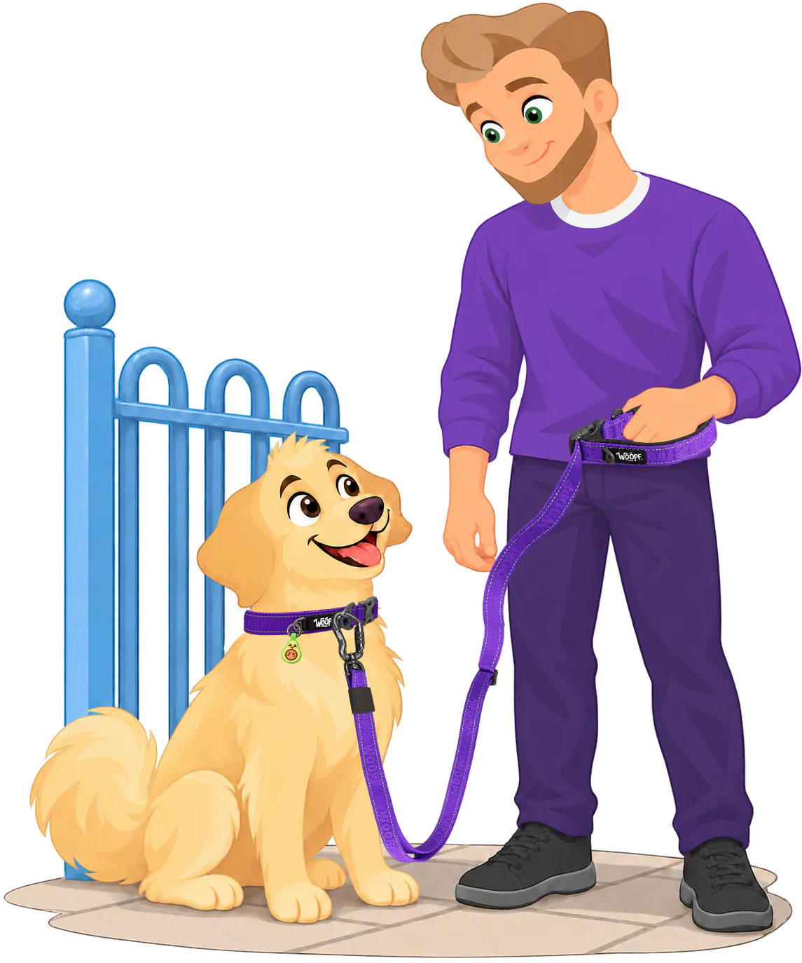 Illustrated man standing on the footpath by a blue railing, a golden retriever sitting at his feet in a purple Explorer Collar, the purple Explorer Adjustable Leash short between the collar and the padded handle in his hand