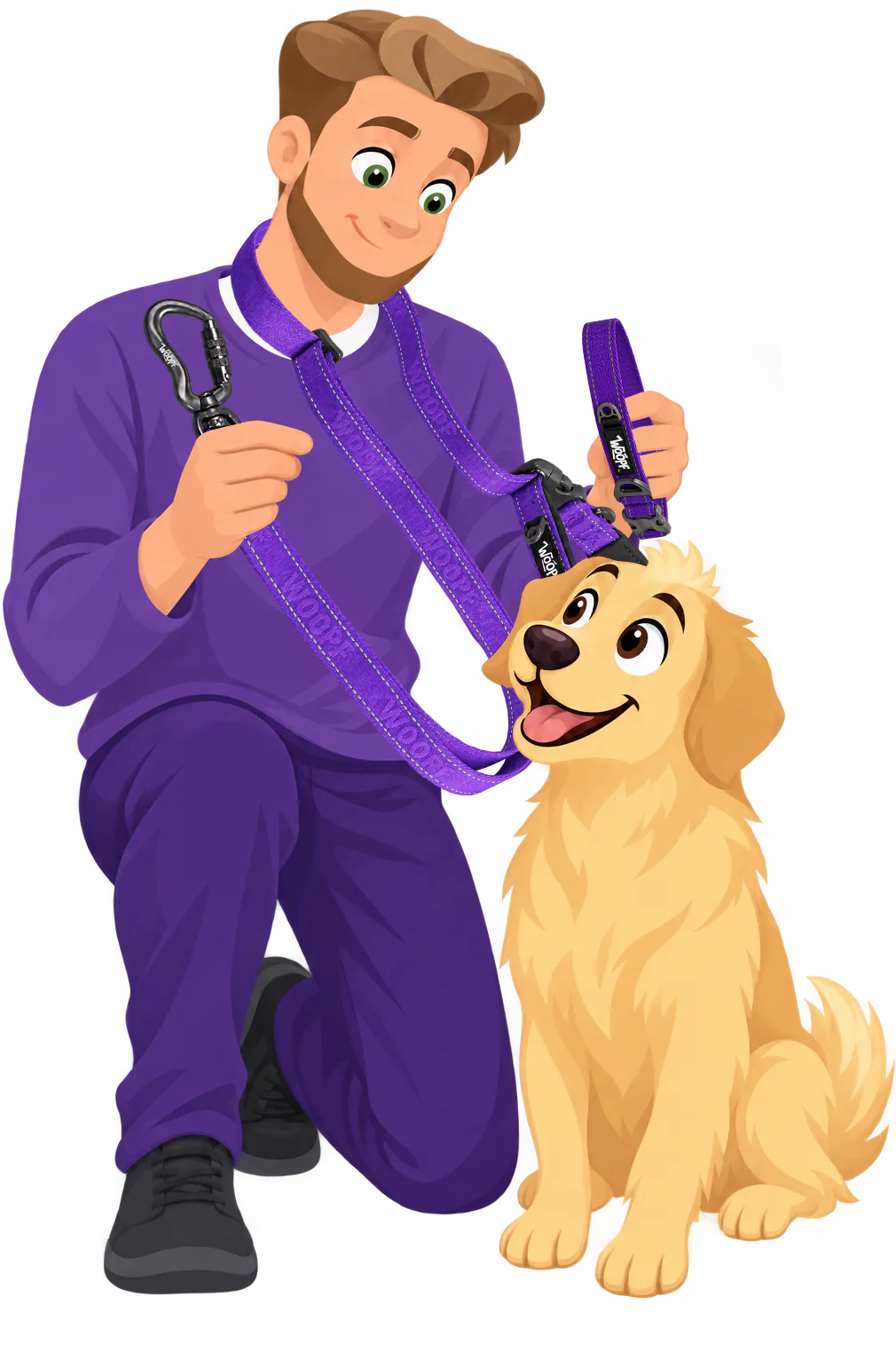 Illustrated man kneeling beside a golden retriever, the purple Explorer Adjustable Leash over his shoulder, its locking clip in one hand and a purple Explorer Collar held up above the dog's head in the other