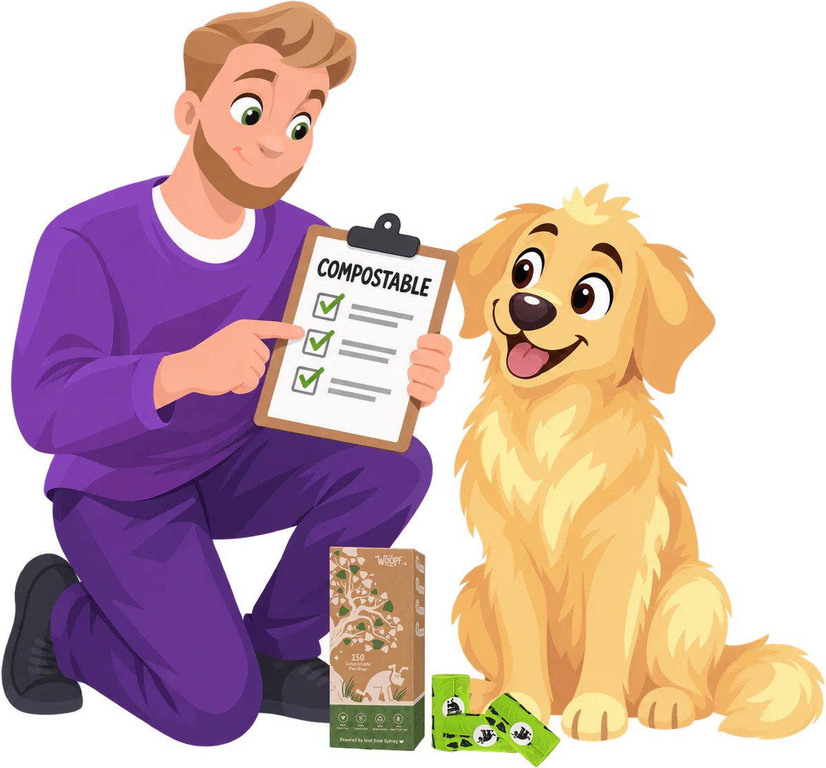 A man kneeling beside a golden retriever points to a clipboard headed Compostable with three ticked lines, a box and rolls of the bags at his feet.