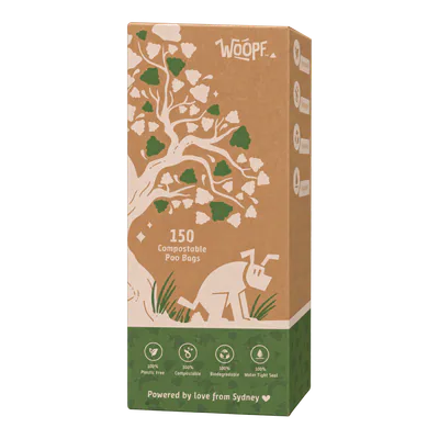 One cardboard WOOPF™ box of 150 compostable poo bags.