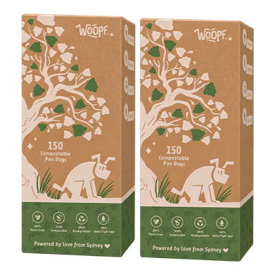 Two cardboard WOOPF™ boxes of 150 compostable poo bags.