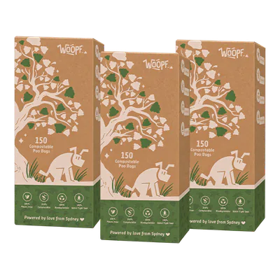Three cardboard WOOPF™ boxes of 150 compostable poo bags.