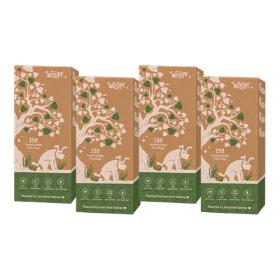 Four cardboard WOOPF™ boxes of 150 compostable poo bags.