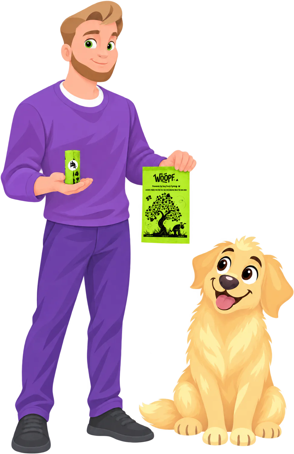A man in a purple jumper holds a green roll of compostable poo bags in one hand and a green WOOPF™ poo bag in the other, a golden retriever sitting at his feet.