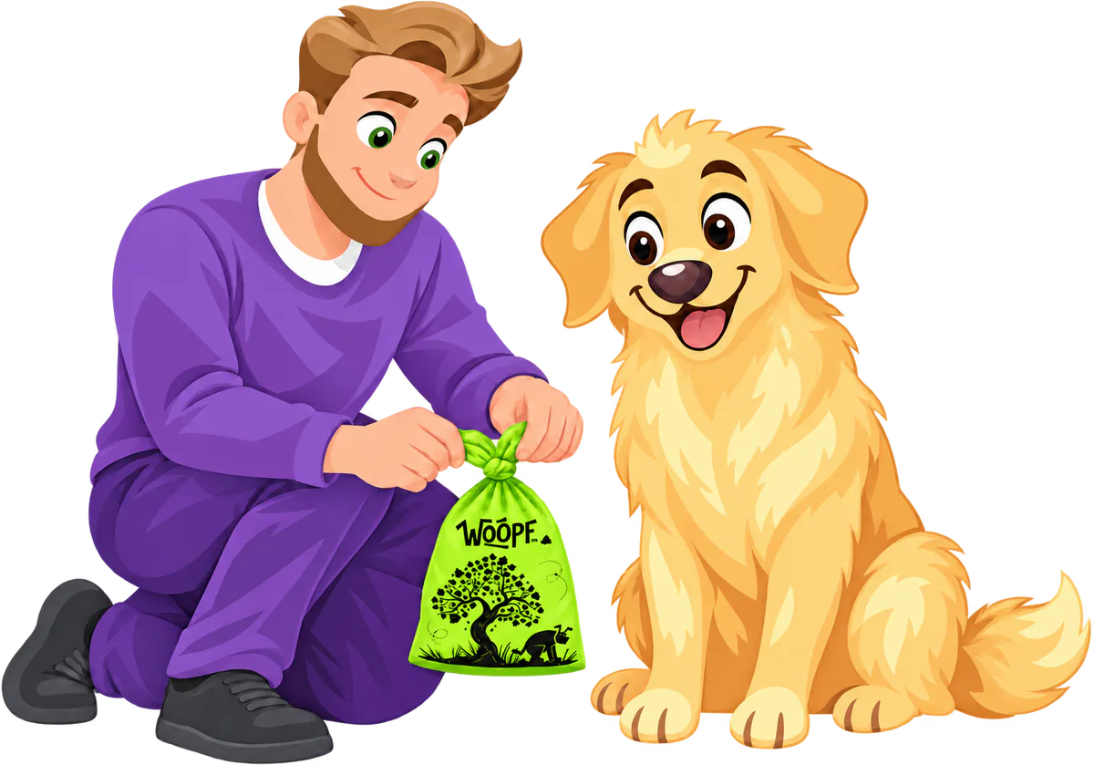 A man kneeling beside a golden retriever ties the handles of a green WOOPF™ compostable poo bag printed with a tree.