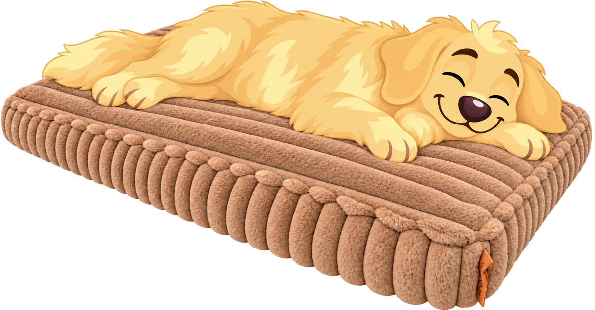 Illustrated golden retriever asleep, stretched out flat on a brown Furry Corduroy Sleeping Mat