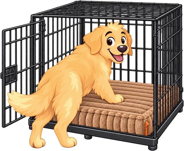 Illustrated golden retriever stepping into a wire crate with a brown Furry Corduroy Sleeping Mat on its floor