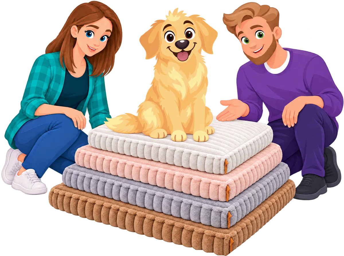 Illustrated golden retriever sitting on a stack of four Furry Corduroy Sleeping Mats between a kneeling woman and man